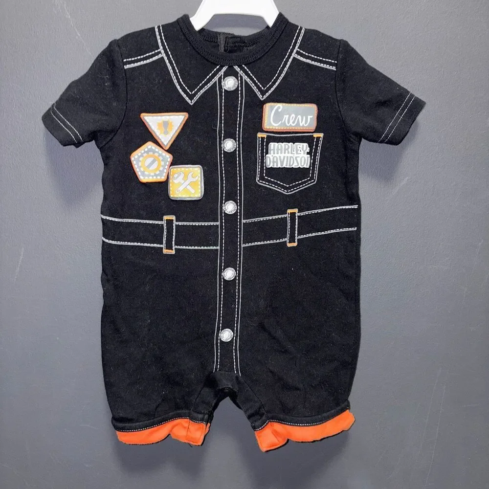 Harley Davidson Infants 12m One Piece Romper Black Orange Short Sleeve